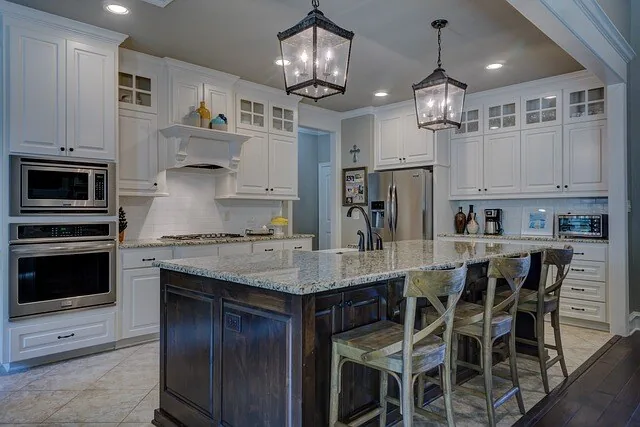 Interior kitchen with island in middle